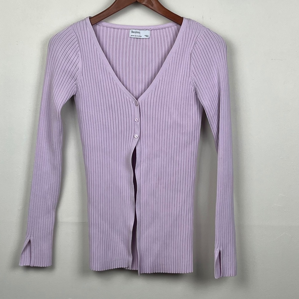 Bershka Ribbed Knit Cardigan Medium Lavender Y2K Clean Girl